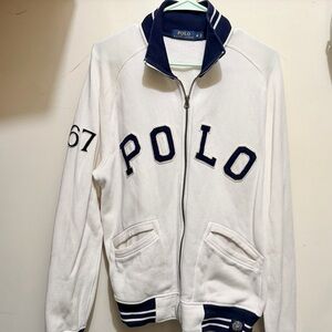 Vintage Ralph Lauren White Zip-Up with Navy Striped Collar varsity sweater
